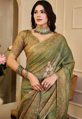 mehendi cotton blend zari weaving floral digital print festive saree with unstitched blouse piece 4