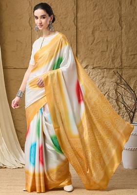 yellow satin fabric stylish bandhani printed ready to wear saree 1