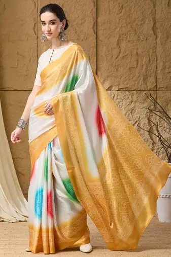 yellow satin fabric stylish bandhani printed ready to wear saree