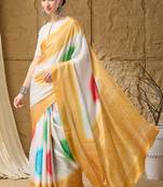 yellow satin fabric stylish bandhani printed ready to wear saree