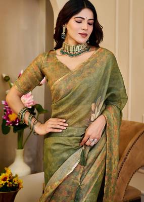 mehendi cotton blend zari weaving floral digital print festive saree with unstitched blouse piece 5