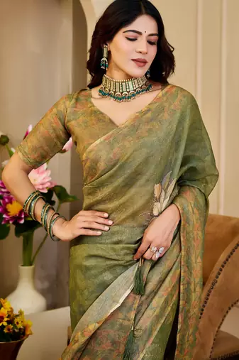 mehendi cotton blend zari weaving floral digital print festive saree with unstitched blouse piece