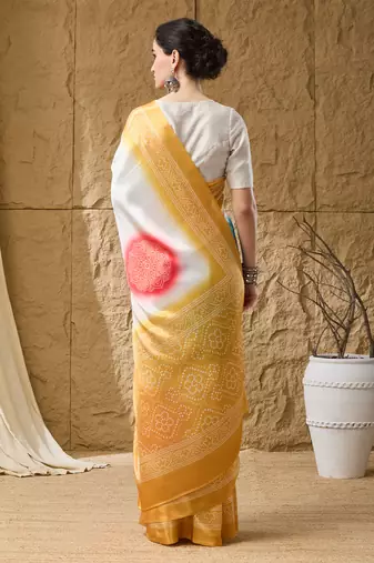 yellow satin fabric stylish bandhani printed ready to wear saree