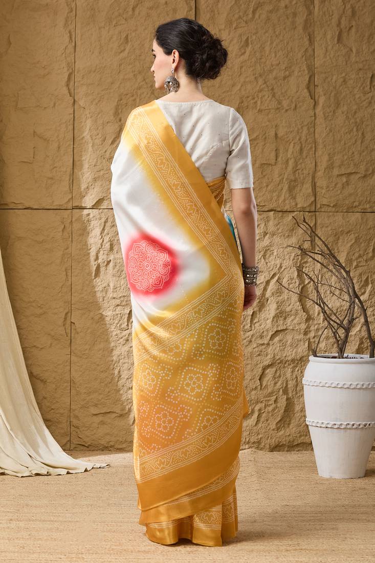 yellow satin fabric stylish bandhani printed ready to wear saree