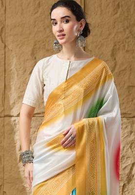 yellow satin fabric stylish bandhani printed ready to wear saree 3