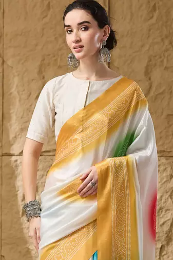 yellow satin fabric stylish bandhani printed ready to wear saree