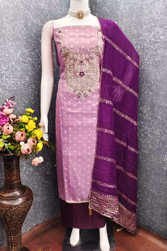  embroidered shimmer unstitched dress material with chanderi jacquard dupatta