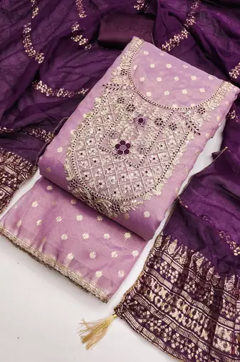  embroidered shimmer unstitched dress material with chanderi jacquard dupatta