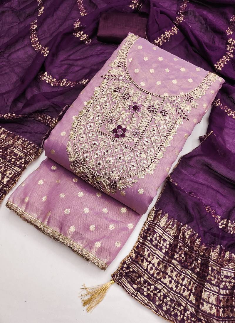  embroidered shimmer unstitched dress material with chanderi jacquard dupatta