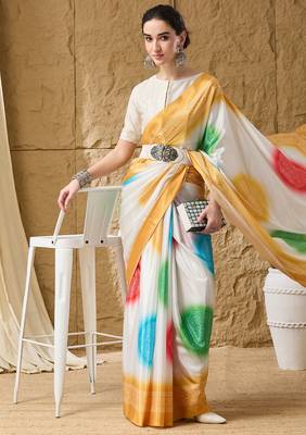 yellow satin fabric stylish bandhani printed ready to wear saree 4