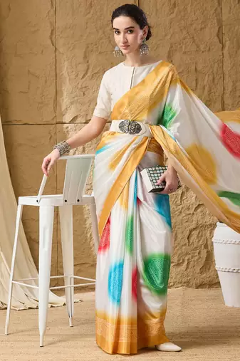yellow satin fabric stylish bandhani printed ready to wear saree