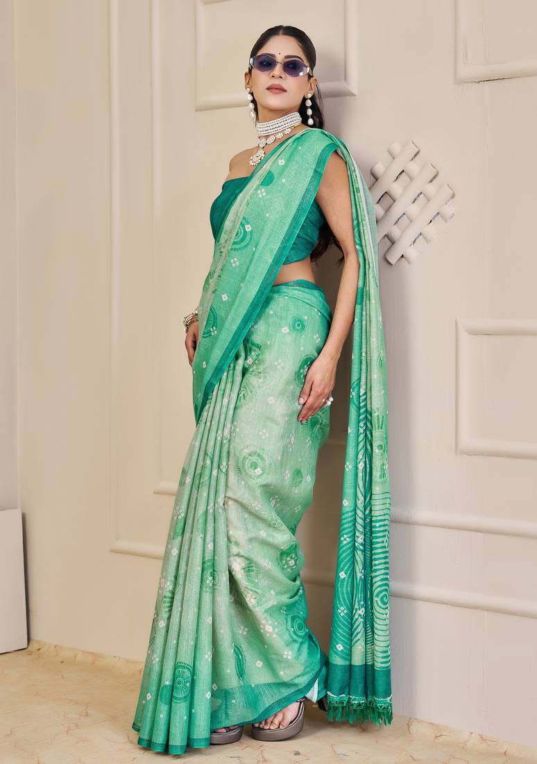 rama cotton blend zari weaving floral digital print festive saree with unstitched blouse piece