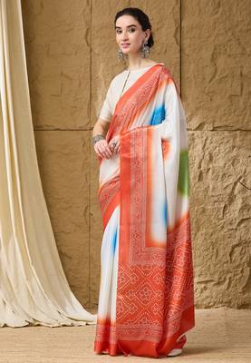 orange satin fabric stylish bandhani printed ready to wear saree 1