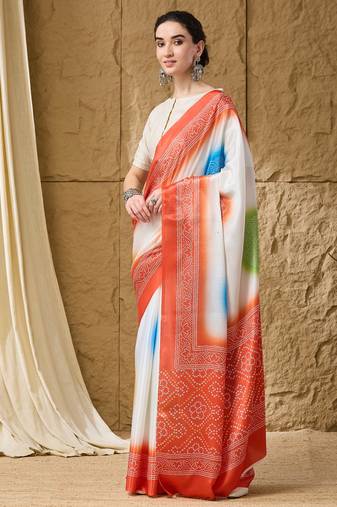 orange satin fabric stylish bandhani printed ready to wear saree