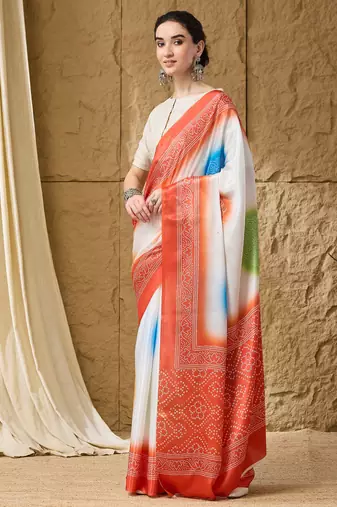 orange satin fabric stylish bandhani printed ready to wear saree