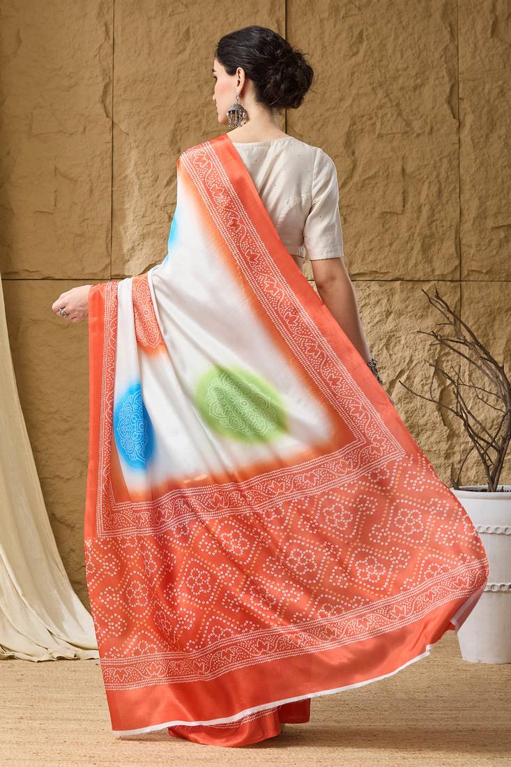 orange satin fabric stylish bandhani printed ready to wear saree