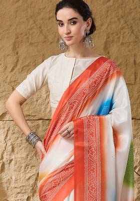 orange satin fabric stylish bandhani printed ready to wear saree 3