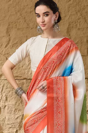 orange satin fabric stylish bandhani printed ready to wear saree
