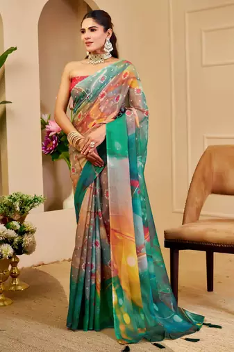 multicolor cotton blend zari weaving floral digital print festive saree with unstitched blouse piece