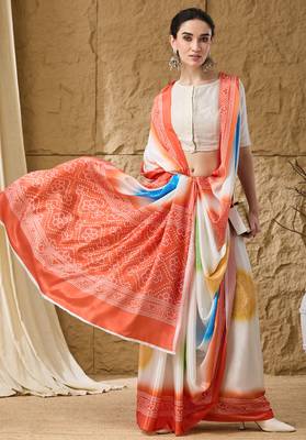 orange satin fabric stylish bandhani printed ready to wear saree 4