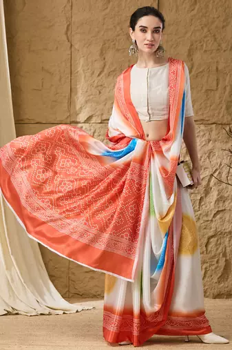 orange satin fabric stylish bandhani printed ready to wear saree