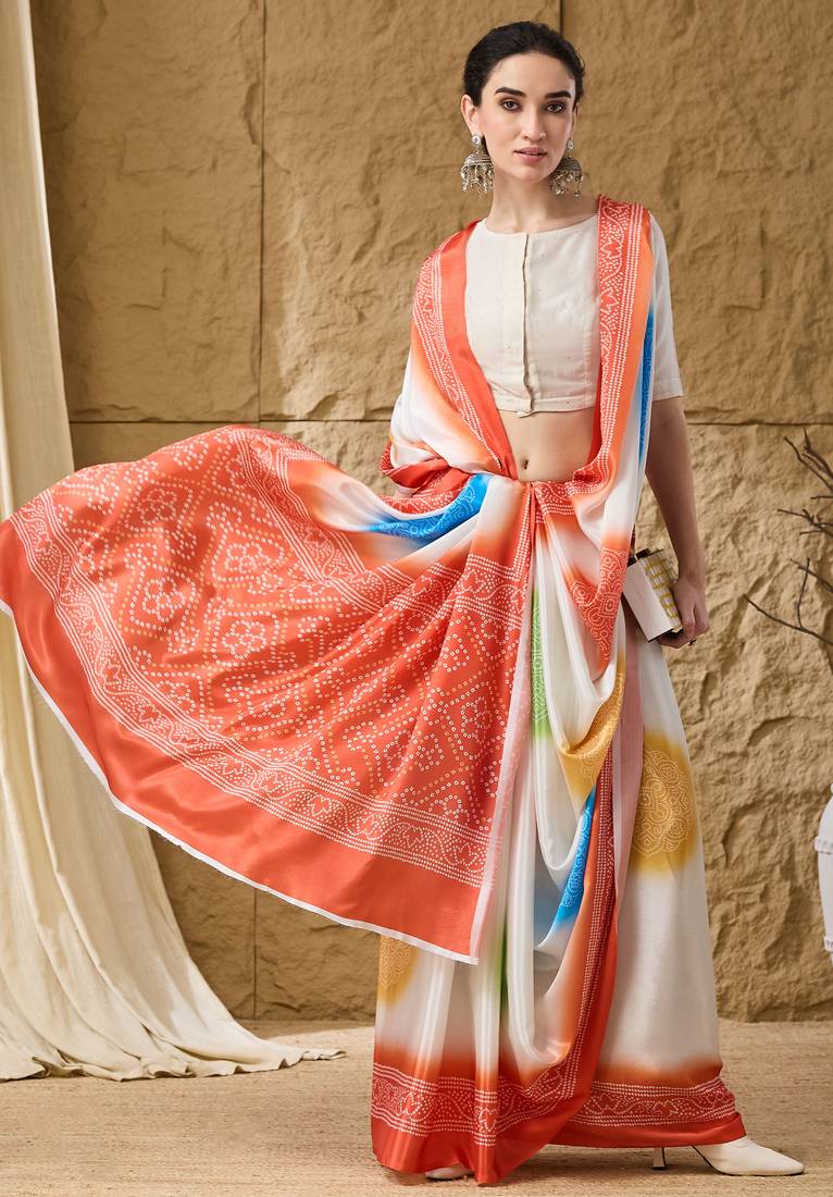orange satin fabric stylish bandhani printed ready to wear saree
