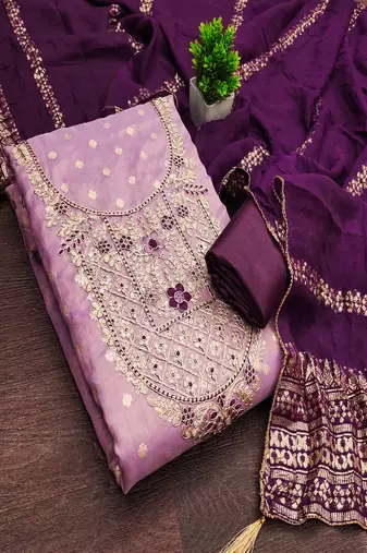  embroidered shimmer unstitched dress material with chanderi jacquard dupatta