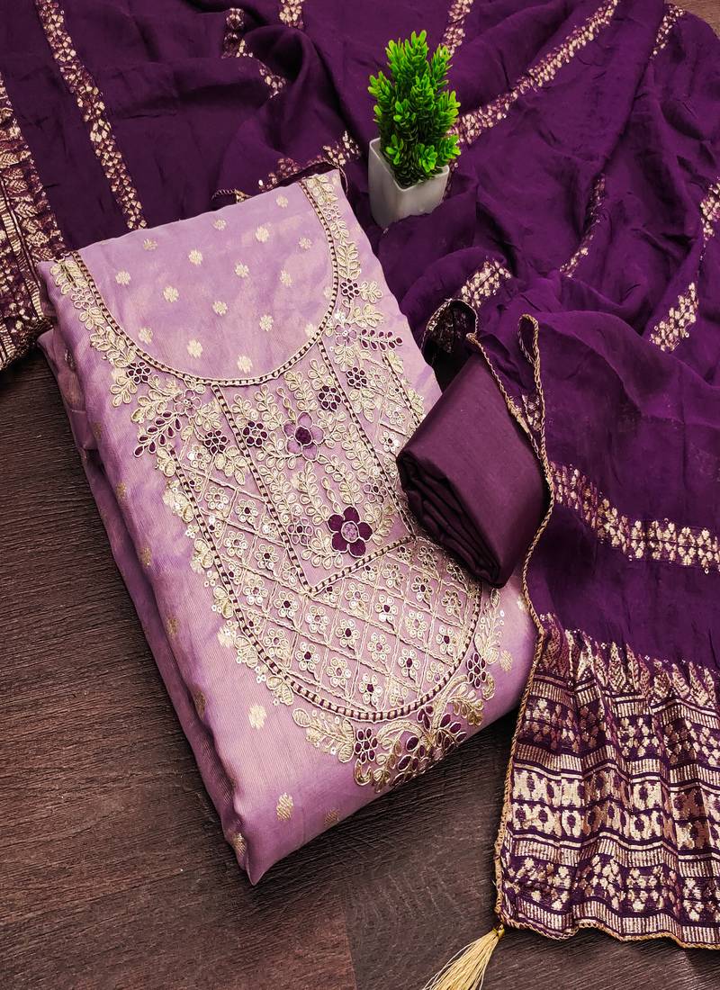  embroidered shimmer unstitched dress material with chanderi jacquard dupatta