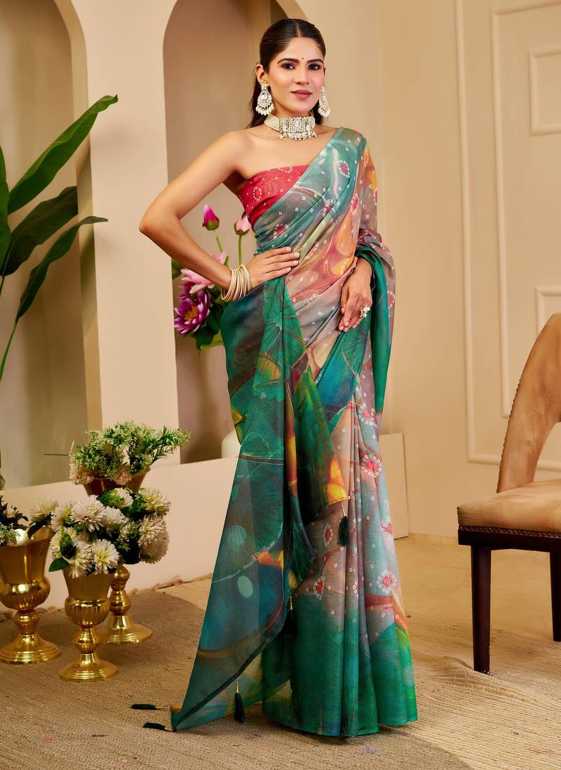 multicolor cotton blend zari weaving floral digital print festive saree with unstitched blouse piece