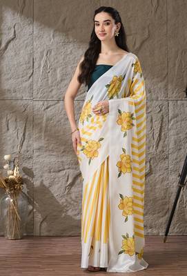 yellow satin fabric stylish printed ready to wear saree 1