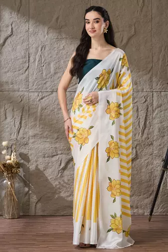 yellow satin fabric stylish printed ready to wear saree
