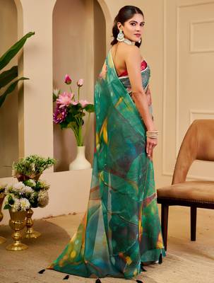 multicolor cotton blend zari weaving floral digital print festive saree with unstitched blouse piece 3