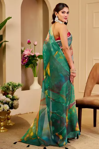 multicolor cotton blend zari weaving floral digital print festive saree with unstitched blouse piece