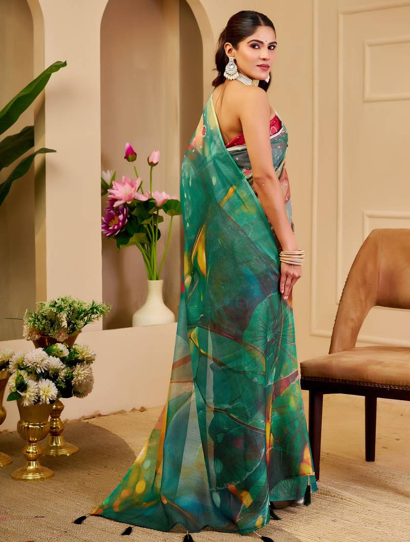 multicolor cotton blend zari weaving floral digital print festive saree with unstitched blouse piece