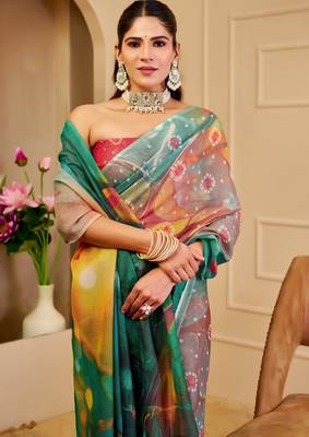 multicolor cotton blend zari weaving floral digital print festive saree with unstitched blouse piece 4