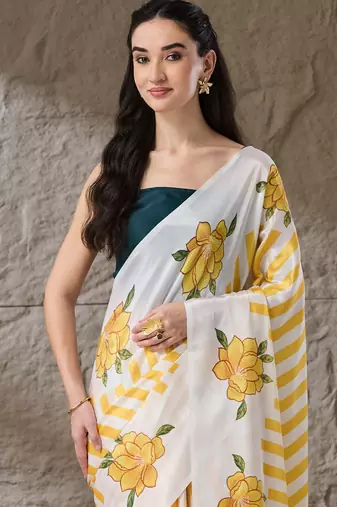 yellow satin fabric stylish printed ready to wear saree