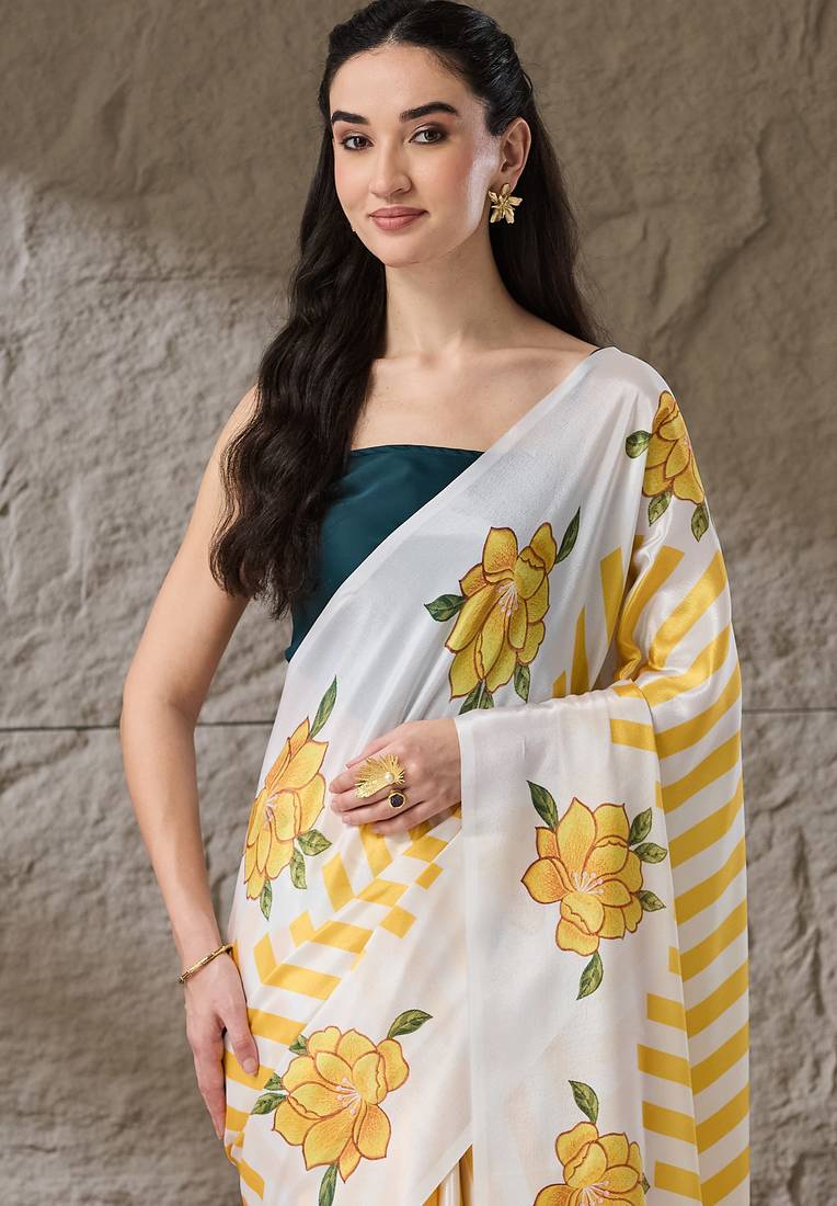 yellow satin fabric stylish printed ready to wear saree