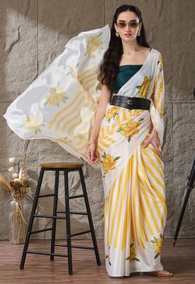 yellow satin fabric stylish printed ready to wear saree 4
