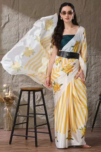 yellow satin fabric stylish printed ready to wear saree