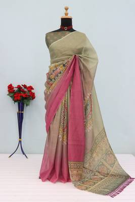 grey pink cotton blend zari weaving floral digital print festive saree with unstitched blouse piece 1