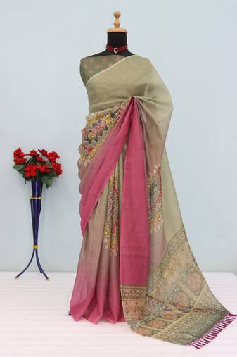 grey pink cotton blend zari weaving floral digital print festive saree with unstitched blouse piece