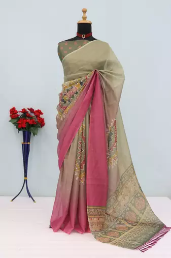 grey pink cotton blend zari weaving floral digital print festive saree with unstitched blouse piece