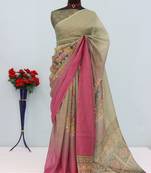 grey pink cotton blend zari weaving floral digital print festive saree with unstitched blouse piece
