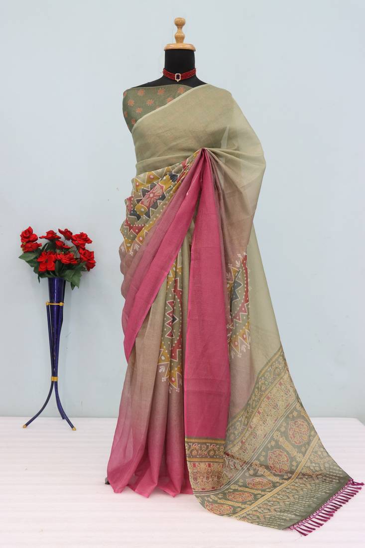 grey pink cotton blend zari weaving floral digital print festive saree with unstitched blouse piece