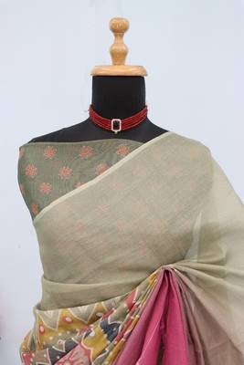 grey pink cotton blend zari weaving floral digital print festive saree with unstitched blouse piece 2