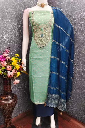  embroidered shimmer unstitched dress material with chanderi jacquard dupatta