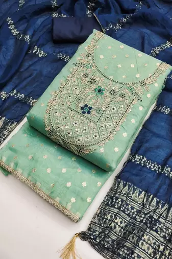  embroidered shimmer unstitched dress material with chanderi jacquard dupatta