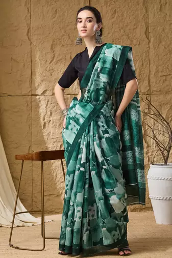 Green color silk blend fabric stylish printed  ready to wear saree