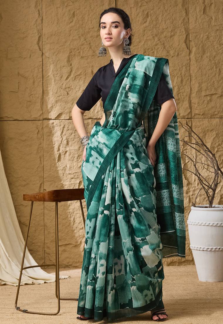 Green color silk blend fabric stylish printed  ready to wear saree