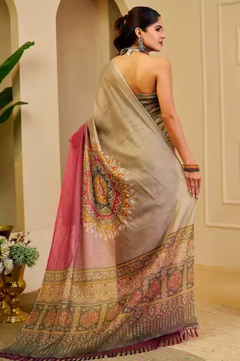 grey pink cotton blend zari weaving floral digital print festive saree with unstitched blouse piece